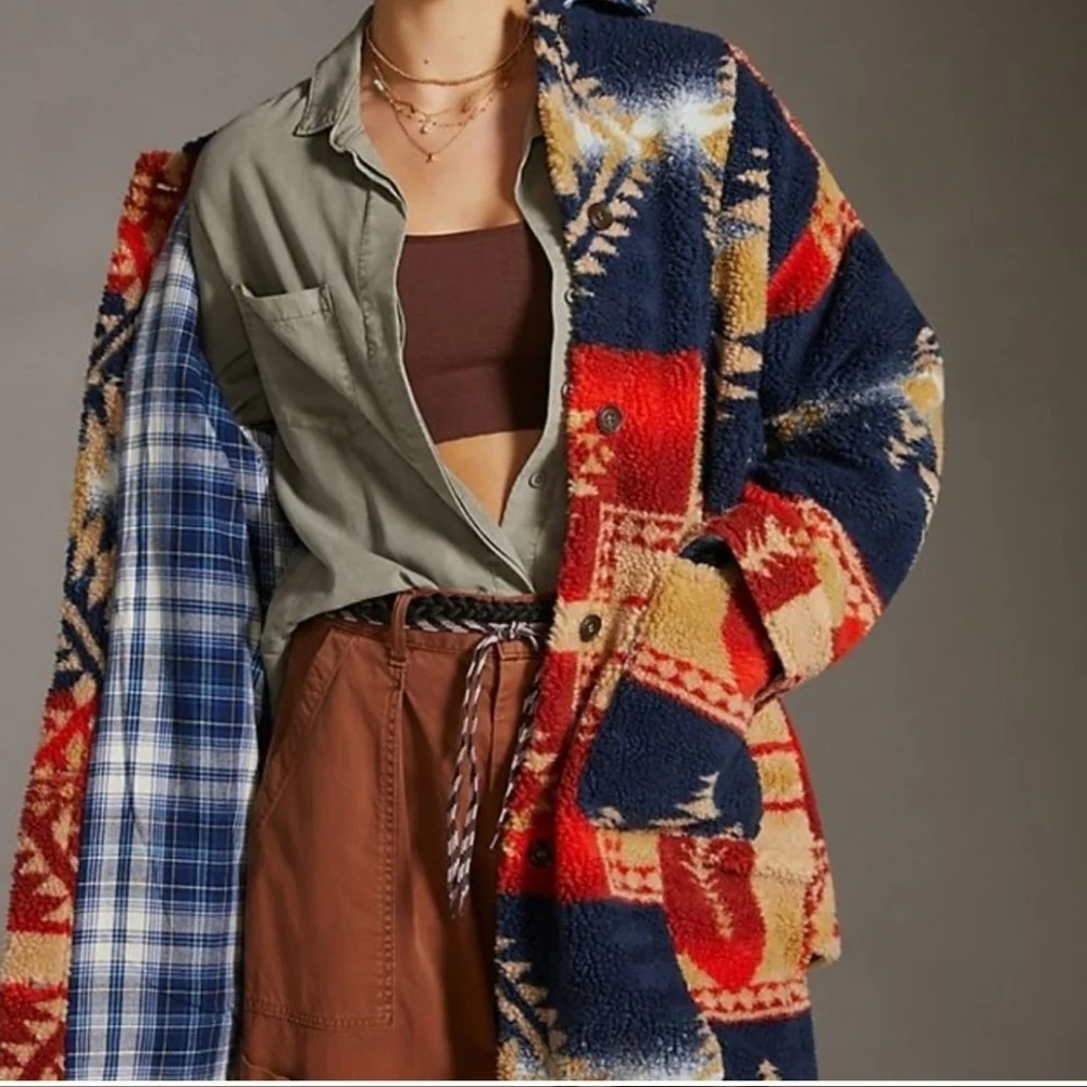 Anthropologie Pilcro Leopard Sherpa Duster Western Jacket, Size MP Oversized - Picture 2 of 12